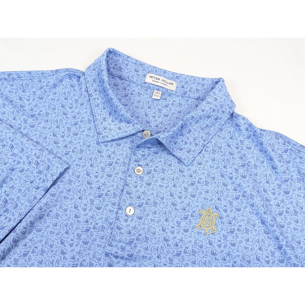 Peter Millar Polo Shirt Mens 2XL Summer Comfort Skull Drinks Blue Performance - Picture 2 of 10